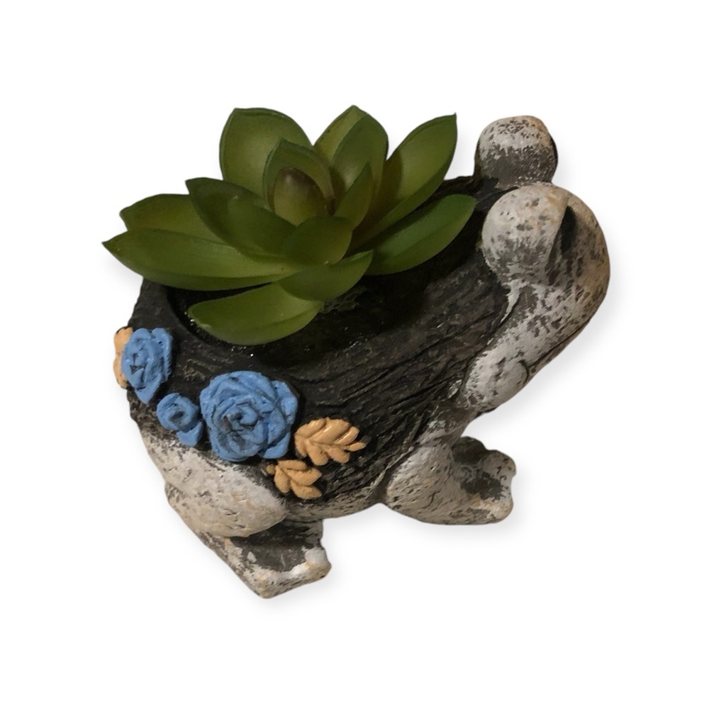 Small Cute plaster frog succulent planter with faux green flowers